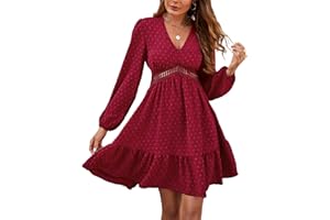 JENJON Femme Robe de Eté Col en V Elégant Pois Volants Taille Haute Manches Courtes/Longues Décontractée A-Ligne Mini Robes
