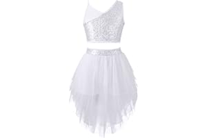 CHICTRY Enfant Fille Robe de Danse Ballet Latine Haut de Danse de Rue Jazz Paillettes Crop Top sans Manches et Jupe Asymétrique Tulle Costume Performance Dancewear 6-16 Ans