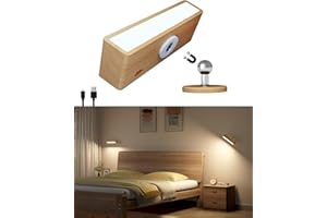 DetarZinLED Lámpara de Pared con Batería de Carga USB, Lampara Mesita Noche Recargable, Apliques de Interior Adhesivos para Dormitorio sin cable (Madera de haya, 1 Pcs)
