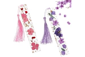 NOCHME Marcapáginas Flores Resina Con Borlas, 2 Marcadores De Libros De Resina Epoxi Seca Con Flores Reales Con Chispas Doradas, Marca Paginas De Lectura De Página