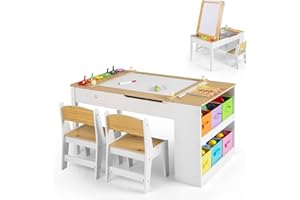 COSTWAY Kids Art Table and Chair Set, Wooden Toddler Craft Easel Desk with 2-Tier Open Shelf, Storage Bins, Paper Roll, Paint Cups, Children Play Activity Furniture