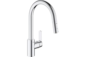 GROHE Robinet de cuisine évier Get, robinet avec douchette extractible, bec en forme de U, inverseur 2 jets, installation et nettoyage facile, Supersteel, 31484001 (Import Allemagne)