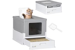 PawHut Lettiera per Gatti Chiusa in PP con Paletta Inclusa, Design Pieghevole, Cassetta Igienica per Gatto con Vassoio Estraibile e 2 Porte, 47.5x35.5x36.7 cm, Grigio e Bianco