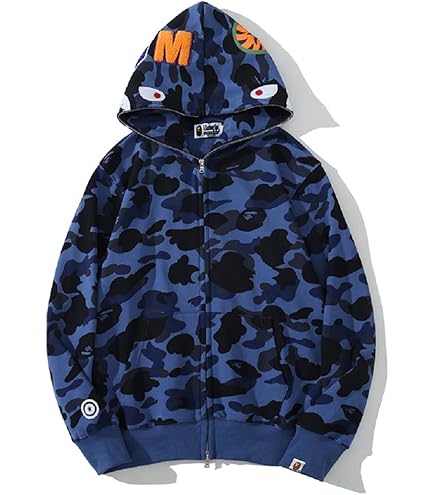 Felpa Con Cappuccio Uomo Stampa Testa Squalo - Zip Frontale, Design Camouflage, Poliestere - Foto 14