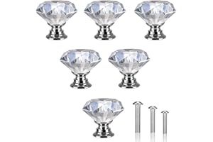 FAINCA 6 Stück Möbelknöpfe, Kristall Schubladenknöpfe, Moderne Mode Kommodenknöpfe, Kristallklarer Türknauf, 30mm Zinklegierung Kristallglas Griffe, mit Schrauben in 3 Größen (Silber)