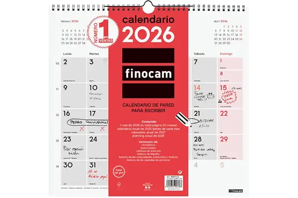 Finocam - Calendario de pared 2026 Mes Vista Enero - Diciembre (12 meses) | Calendario 2026 para anotar | Planificador mensual Neutro - Español