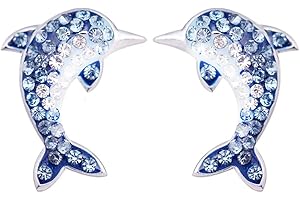 MixiuEuro Women Girls Dolphin Stud Earrings, 925 Sterling Silver CZ Cubic Zirconia Blue Dolphin Stud Earrings Girls Child Jewellery