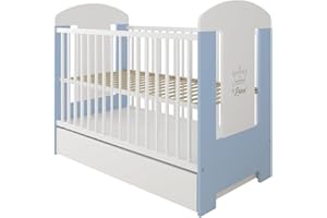 LCP Kids Lit Bebe 120x60 avec Matelas, avec tiroir de lit, 3 Niveaux du Sommier, 3 Barreaux Amoviable, Bleu Blanc