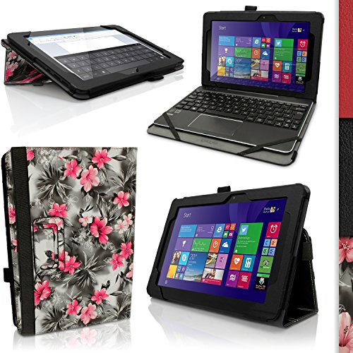 igadgitz 'Vintage Kollektion' Pink auf Schwarz Blumen PU Ledertasche Hülle Folie Cover für Asus Transformer Book 10.1" T100 CHI FG007B mit Multi Winkelbetrachtung Stand + Auto Sleep/Wake + Displayschutzfolie
