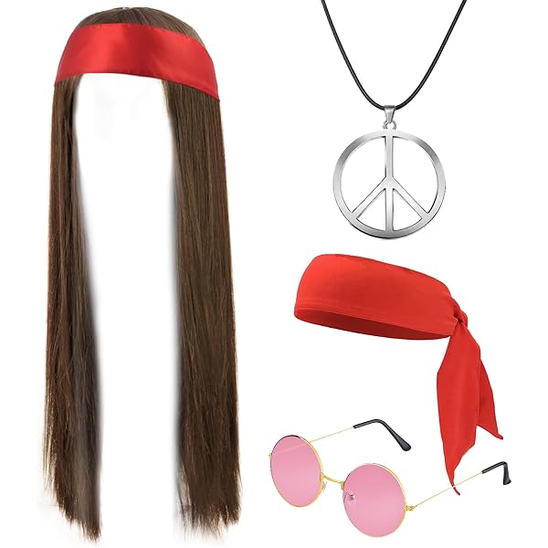 Vokuhila Peluca Para Hombre Con Barba, Gafas, Collar Y Anillo, Disfraz De Los Años 80 Y Hippie Para Fiestas De Carnaval Y Halloween