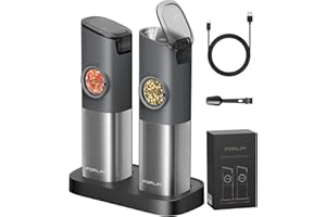 FORLIM Elektrische Salz und Pfeffermühle Set,Pfeffermühle mit Wiederaufladbarer Basis,Automatischer Salzmühle mit LED-Licht,mit Einstellbare Grobheit,aus Edelstahl,für Küche und BBQ,2er Pack(Grau)