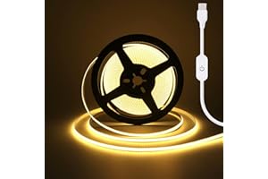 HEGEHE Tira de luz LED COB Regulable, 2m DC 5V 320LEDs/M Tira de luz Blanco Cálido Flexible no impermeable con regulación táctil USB para iluminación de fondo en Navidad, Salones y Fiestas(FPCB:5MM)