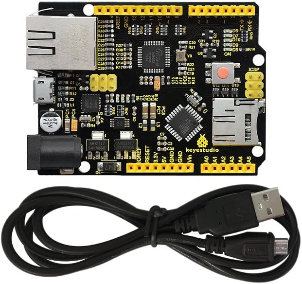 KEYESTUDIO W5500 Placa de Desarrollo de Placa de Control Ethernet para Arduino IDE, Compatible con Tarjeta MicroSD con Cable USB, Sin Ethernet Shield (sin Pin)