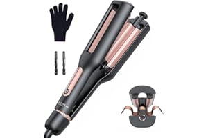 BESTOPE MIX 4 In 1 Einstellbar Welleneisen für Haare - 22/25/32/38mm Lockenstab für Beach Waves/Natürlich Wellen/Wasserwellen/Mermaid Waves, Anzeige, 4 Temperaturen(140-210°C), 3 Fässer Welleneisen, Schwarz Rose