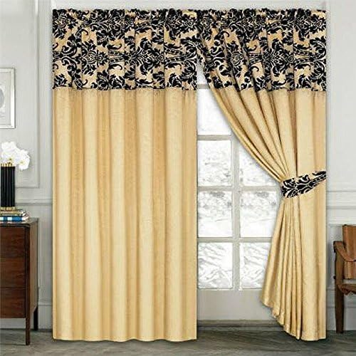 Half Flock Damask Pencil Pleat Curtains (66''x72''(168x183cm), Gold+Black)