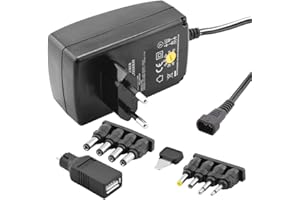 BESTPLUG stabilisée Chargeur Bloc d'alimentation Universel avec différents adaptateurs pour appareils jusqu'à 1500 mA, entrée 230 V, Sortie 3 4,5 6 7,5 9 12 V DC, Noir