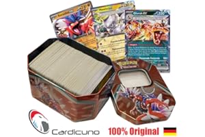 CARDICUNO 300 Pokémon Karten in Tin inkl. über 20 Glitzer Karten (ex/Holo/Reverse),zufällig ausgewählt Deutsch