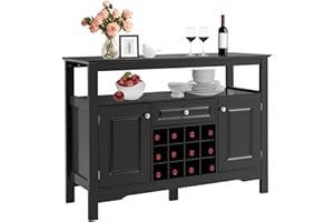 ‎GOPLUS GOPLUS Sideboard mit Weinregal, Küchenschrank mit Offenem Regal, 1 Schublade & 2 Türen, Beistellschrank für Wohnzimmer, Küche & Esszimmer, 117 × 40,5 × 85,5 cm (Black)