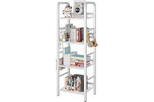 YMYNY Regał stojący, regał na książki, regał magazynowy z 4 poziomami, 8 haczyków w kształcie litery S, metalowa rama, wolnostojący, minimalistyczny styl, organizer do salonu, biura domowego,