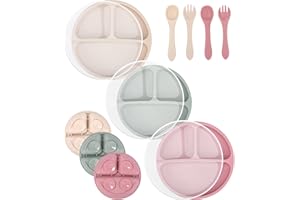 SinLaw Lot de 3 Assiette Ventouse pour Bébé, 3 Couvercles, 2 Cuillères, 2 Fourchettes,Ensemble d'Alimentation pour Bébés en Silicone sans BPA,Pour Les Tout-petits Et L'auto Alimentation (Rose)