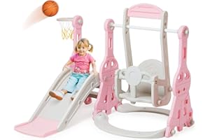 ‎ARK MIIDO Rutsche Indoor ab 1 2 3 4 5 Jahr, 4-in-1-Kleinkindspielplatz mit Schaukel, Baby Rutsche Kinderzimmer, Gartenrutsche für Kleinkin für drinnen und draußen, Jungen und Mädchen (Turm+Rosa)
