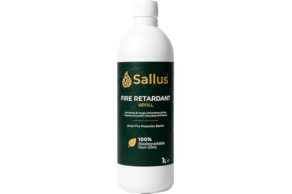 Sallus Flamskyddsmedel Påfyllning 1L för Flera Ytor | Giftfri, biologiskt nedbrytbar påfyllning av termisk barriär för trä, kartong & plast. Preventivt bruk för klass A, B & F.