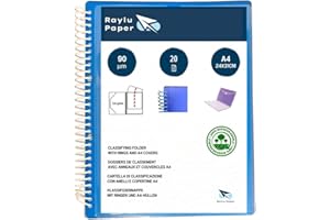 Raylu Paper® – Carpeta clasificadora con anillas con fundas transparentes A4 de 90 micras y sobre con cierre de velcro, tapa personalizable. Carpeta de fundas 100 % biodegradable. (20 Fundas, Azul)