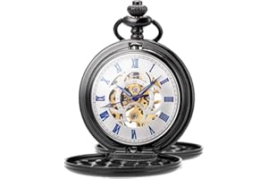 ManChDa Orologio da tasca Retro Liscio Classico orologio da taschino meccanico a carica manuale Windpunk Numeri romani Orologio da taschino per uomo Donna con catena + confezione regalo