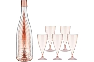 BEDECO Kieliszki do wina z tworzywa sztucznego, 5 sztuk, przenośne kieliszki do wina, na kemping, do szampana, plastikowe, wielokrotnego użytku, bez trzonka, z butelką do przechowywania i tacką ociekową, można układać w stos i zdejmować, na każdą okazję, różowe