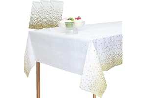 MLMOMVME 3Pcs White Plastic Table Cloth Rectangle 137 x 274cm Large Party Table Cover Picnic Baby Shower Birthday Weddings Indoor Outdoor Waterproof Tablecloths Gold Dot