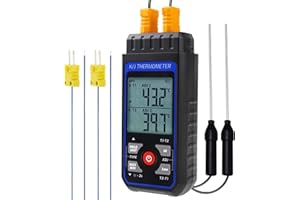 TEKCOPLUS Termometro a termocoppia tipo K/J a due canali con 4 sonde di tipo K, da -200 a 1372°C, misuratore di temperatura CVC con ATC