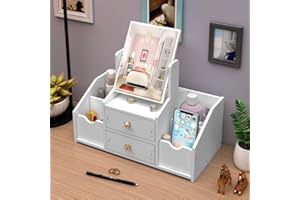 ALEPGLDE Organizer per trucco con cassetti e Specchiera, Porta Trucchi Organizer da Tavolo, Contenitori Bagno per Makeup Skincare, Portatrucchi Organizzatore,per cassettiera, camera da letto(Specchio quadrato)