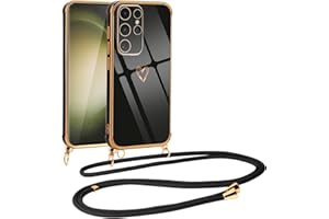 Vauki Funda con Cuerda para Samsung Galaxy S23 Ultra, Patrón de Corazón TPU Carcasa, con Colgante Ajustable Collar Correa para el Cuello Cadena Cuerda, AntiChoque Suave Silicona Cover, Negro