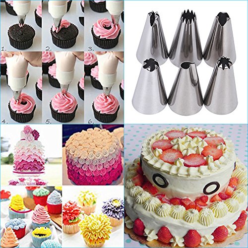 Dekool Kuchen Spritztüllen Set mit 6 Stücke Garniertülle und Spritzbeutel für Keksen, Plätzchen, Pralinen, Geburtstag Tortendeko und Torten Deko Decorating Tools aus Edelstahl - 5