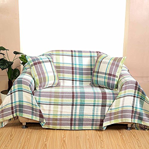 Homescapes ‘Falun’ Green 100% Cotton Tartan Pattern Throw, Bedspread Blanket with Tassel Fringin