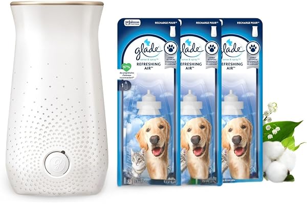 Glade Sense & Spray Pet Range Diffuseur à Détection de Mouvement - Idéal Contre Les Odeurs Des Animaux - Jusqu'à 2 Mois De Parfum - 1 Diffuseur et 3 Recharges x 18ml