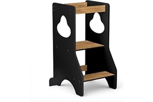 COSYLAND Tour d Observation Montessori Réglable en Hauteur pour Enfants de 18 Mois à 6 Ans, Chaise d Apprentissage Sécurisée en Bois, Design Moderne et Stable, Idéale pour Bébé - Noir/Naturel