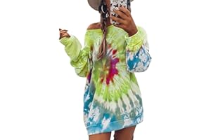 PEUIGNAO Robe Pull Long Epaule Denudee Femme Robe Sweat Shirt Tie Dye Oversize Femme Pullover Sweat-Shirt Femme Pulls Femme Grande Taille Gros Pull Tunique Sport Ample Femmes Pull-Over Large Imprimé Sweater