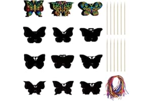 Keboyoe 48 Stück Schmetterling Kratzpapier mit Holzstäbchen und buntem Band Kratzbilder Kinder Set Kratzpapier Bastelset Kinder Regenbogen Kratzpapier für Kindergeburtstage DIY Geburtstagsfeier