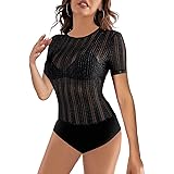 SEBOWEL Damen Body Sexy Sheer Mesh Langarm/Kurzarm Bodysuit Bluse Tops