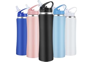 SUPPRUI Insulated Water Bottles,600ml Stainless Steel Water Bottle with Straw,Metal Water Bottle,Double Walled Drink Flasks Leakproof Keep Drinks Hot Cold(Black)