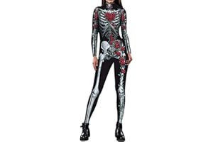Idgreatim Combinaison catsuit squelette pour femme Halloween Impression 3D, manches longues