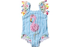 Carolilly Chic Maillot de Bain Une pièce Enfant Bébé Fille avec Flamant Brodé Bordure à Volant et à Franges