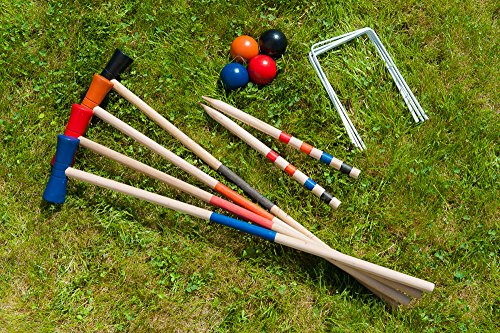 Hillington Â® Childrens 4 Player Outdoor Wooden Garden Croquet Set with 4 Brightly Coloured Junior Size Natural Wood Mallets, 4 Colour Co-ordinated Balls, 10 Metal Wire Hoops plus Wooden Start and Finish Posts â€“ Suitable for Ages 3yrs and Up