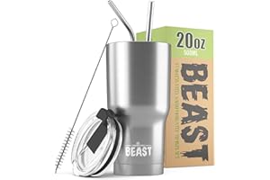 GREENS STEEL BEAST Termo Café para Llevar - 550ml I Plateada I Taza Térmica de Acero Inoxidable Reusable I Taza Viajera de Doble Pared al Vacío I 2 Pajitas y Cepillo de Limpieza I para Café Frío o Caliente
