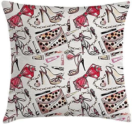 Fashion House Decor Throw Pillow Cushion Cover, Female Shoes Lipstic Perfume Accessory Fancy Items for Beauty Pattern Image, Decorative Square Accent Pillow Case, 18 X 18 Inches, Pink