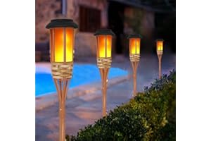 EONANT Lampe de poche solaire à flamme clignotante pour l'extérieur - Étanche - Flamme oscillante - Torche d'extérieur - Placage en bambou fait à la main (4 pièces)