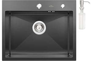 Auralum - Fregadero de cocina, 1 bandeja 55 x 45 cm, fregadero de cocina con dispensador de jabón y sifón, fregadero negro mate de acero inoxidable, fregadero de acero inoxidable cepillado con 2