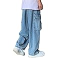 BEMEIR Baggy Jeans Y2k Men Boyfriend Baggy Jeans Hip Hop Jeans Boys Girls Harajuku Streetwear Trousers Loose Jeans Bootcut Jeans Button Jeans Aesthetic Pants (Color : Blue, Size : Large)