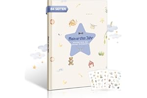 PRINTARA Mein Erstes Jahr Babyalbum – 84 Seiten Hardcover, Boho Design, pädagogisch gestaltet, Erinnerungsbuch für Fotos & Meilensteine – Geschenk zur Geburt & Taufe, Sternenmotiv für Jungen